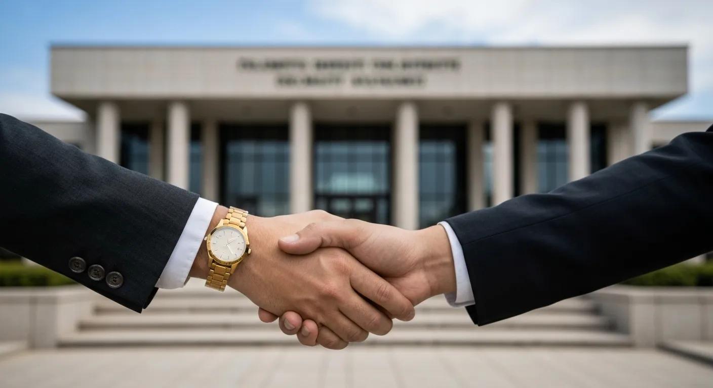Two hands shaking, symbolizing trust and partnership, with a courthouse in the background