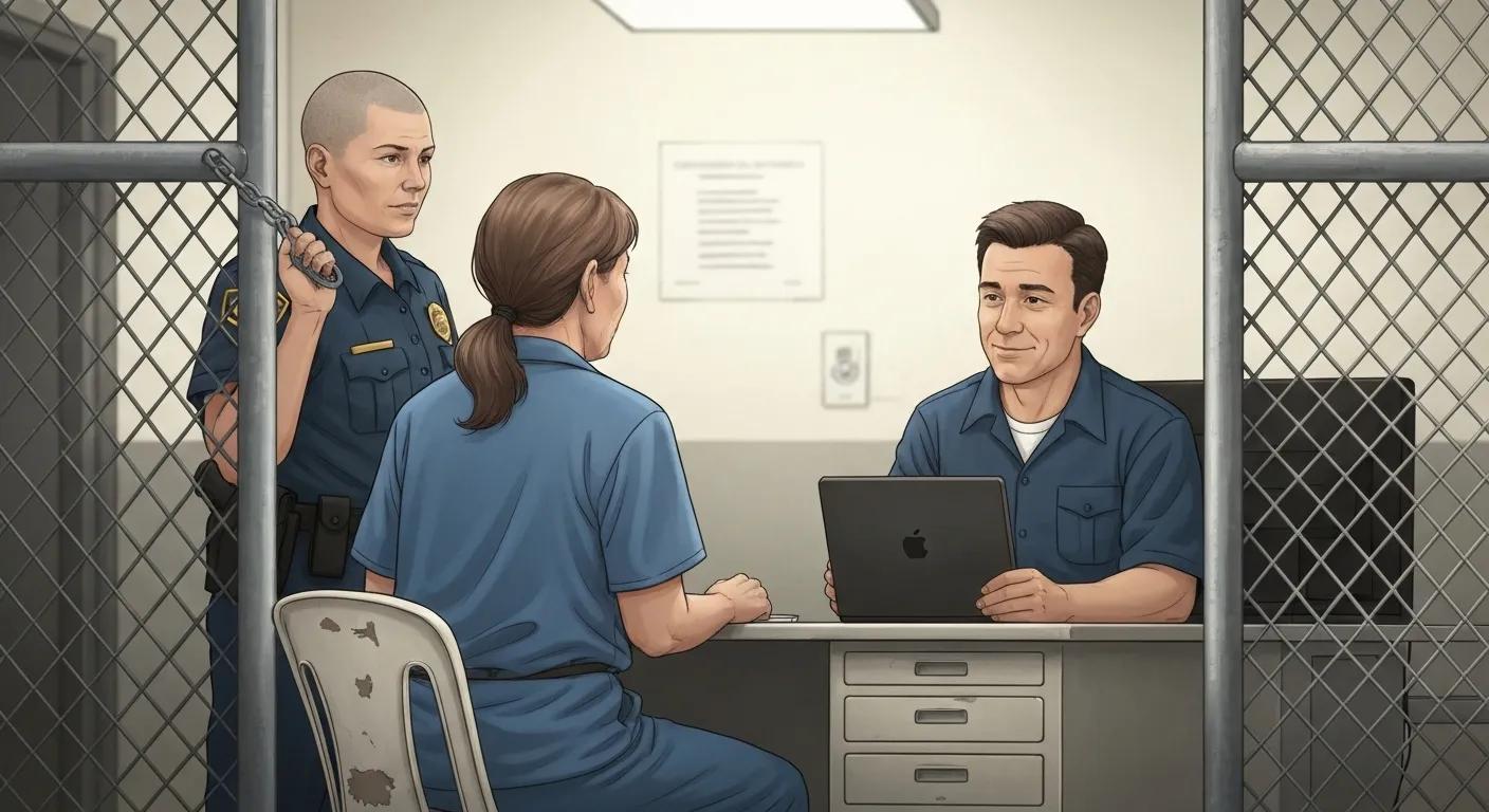 Illustration of a person being booked at a detention center Illustration of a person being booked at a detention center
