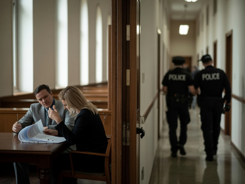 Lawyers discussing legal documents in a courthouse with police officers walking in the background, illustrating the distinction between civil and criminal law.